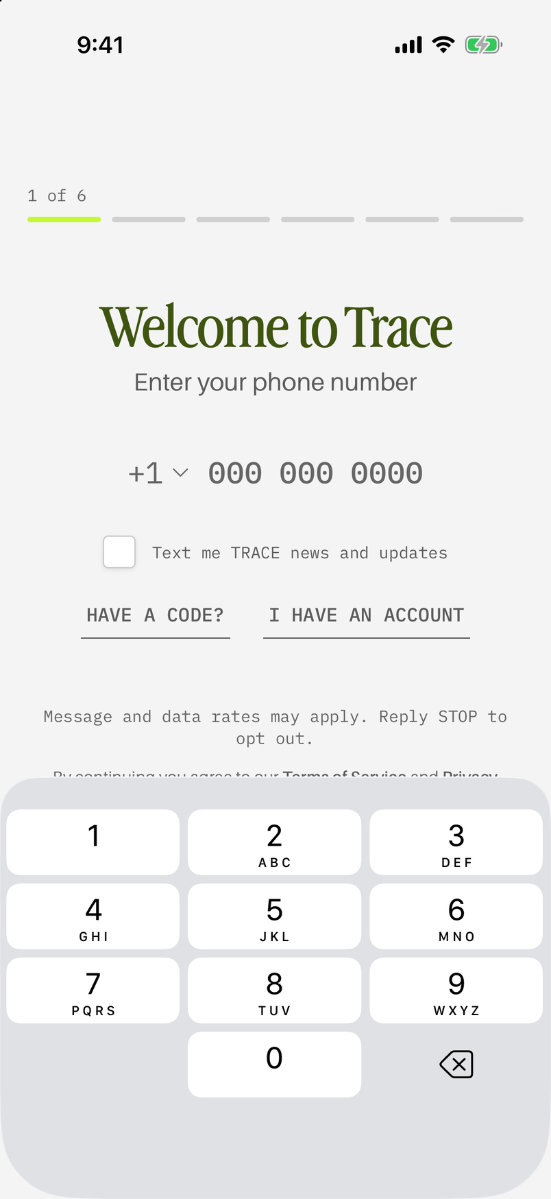 The TRACE iPhone app's sign-up screen with the unchecked marketing texts box