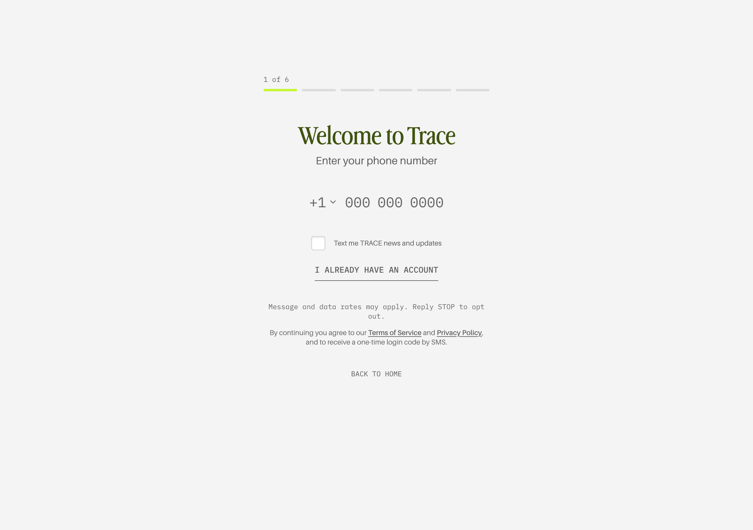 The addtrace.com sign-up form with the unchecked marketing texts box